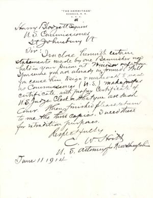 C.W. Hoitt signed Letter - 1914 dated Autograph