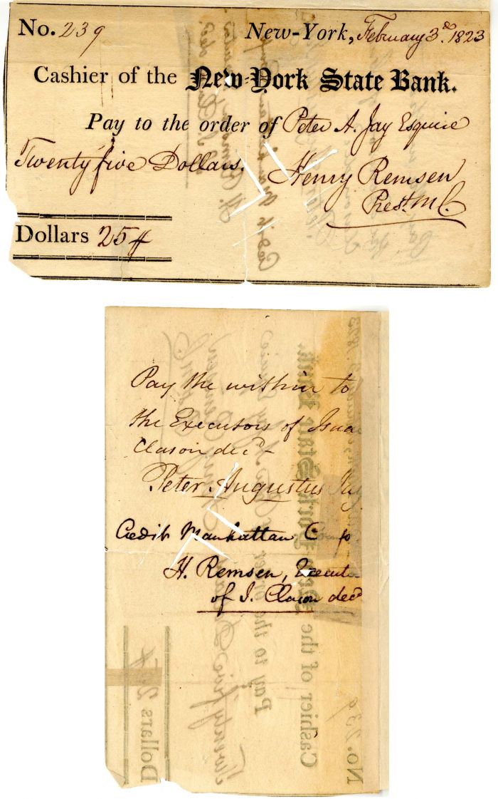 Cashier Receipt issued to and signed by Peter Augustus Jay - Autograph