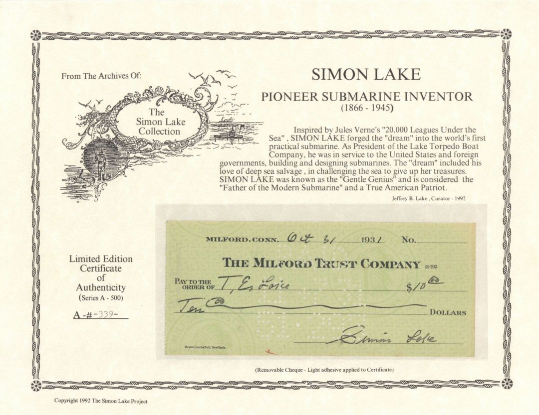 Milford Trust Company Check signed by Simon Lake and T.E. Lake