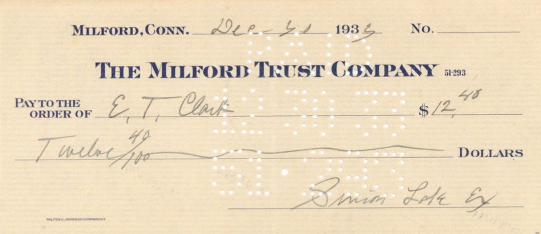 Milford Trust Company Check signed by Simon Lake Ex - 1930's dated Autograph