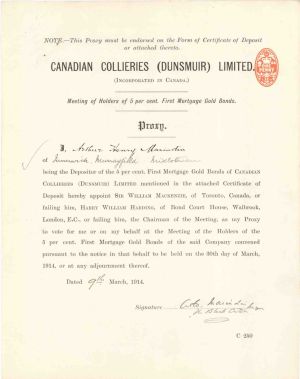 Proxy signed by Arthur Henry Marindin - 1914 dated Autograph