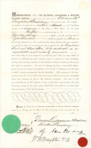 Delaware, Lackawanna and Western Railroad Co. Memorandum signed by Sam Sloan - 1875 dated Autograph