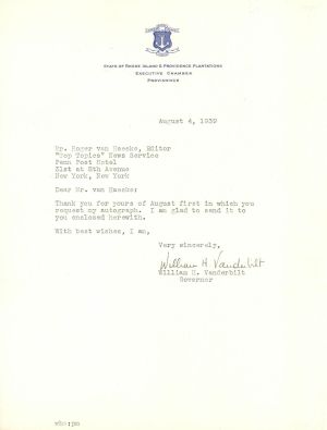 Letter signed by William H. Vanderbilt - 1939 dated Autograph