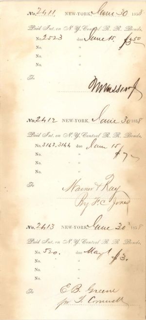 N.Y. Central R.R. Bond stub signed by Matthew Vassar Jr. - 1858 dated Bond Stub