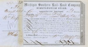 Michigan Southern Rail-Road Co. issued to and signed by William Keep - 1854 dated Autographed Stock Certificate