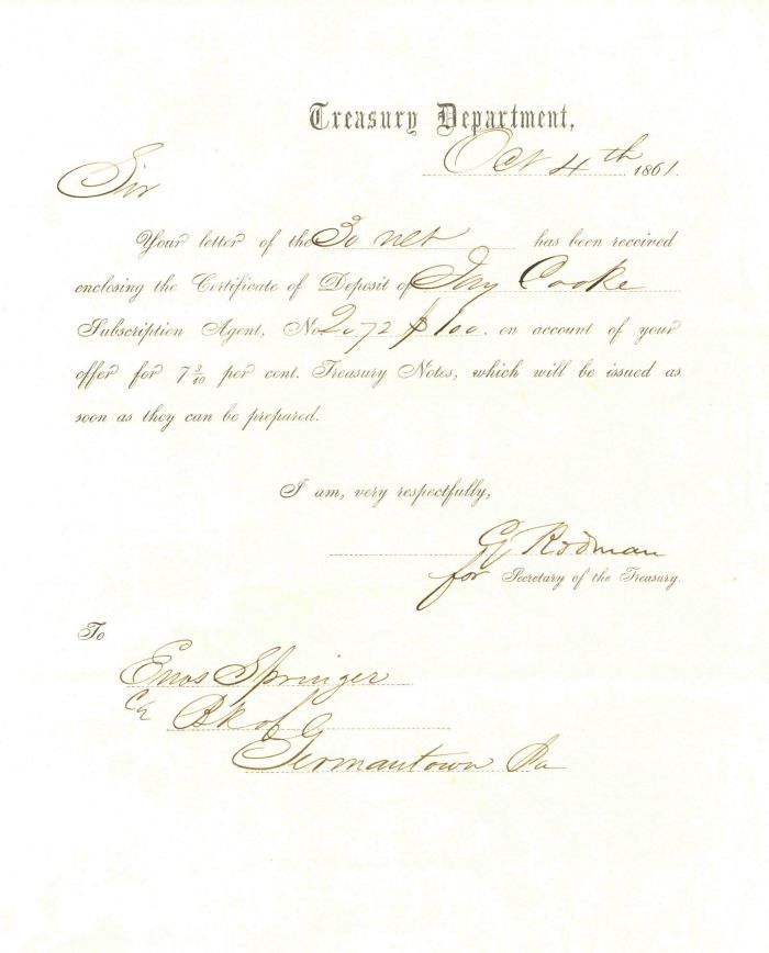 1861 Certificate of Deposit of Jay Cooke to Enos Springer - Treasury Department