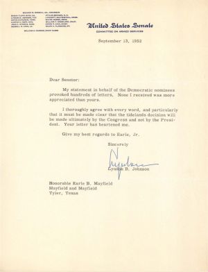 TLS signed by Lyndon B. Johnson - 1952 dated Autograph