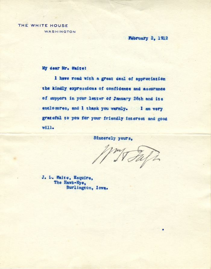 Letter signed by Wm. H. Taft