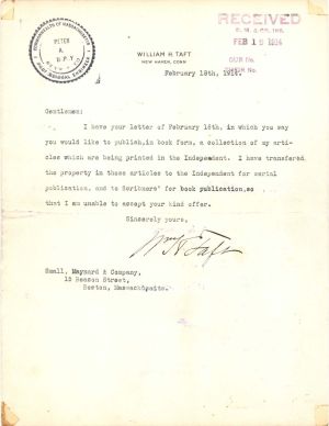 Letter signed by William H. Taft - 1914 dated Autograph