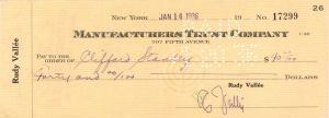 Check signed by Rudy Vallee - 1935 or 1936 dated Autograph