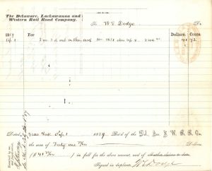 Delaware, Lackawanna and Western Rail Road Co. Receipt signed by William E. Dodge - 1859 or 1860 dated Redemption Bond Autograph