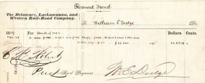 Delaware, Lackawanna and Western Rail Road Co. Receipt signed by William E. Dodge - 1859 dated Autograph