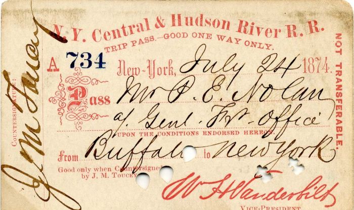 N. Y. Central and Hudson River R. R. Trip Pass with printed signature of Wm. H. Vanderbilt