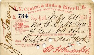 N. Y. Central and Hudson River R. R. Trip Pass with printed signature of Wm. H. Vanderbilt