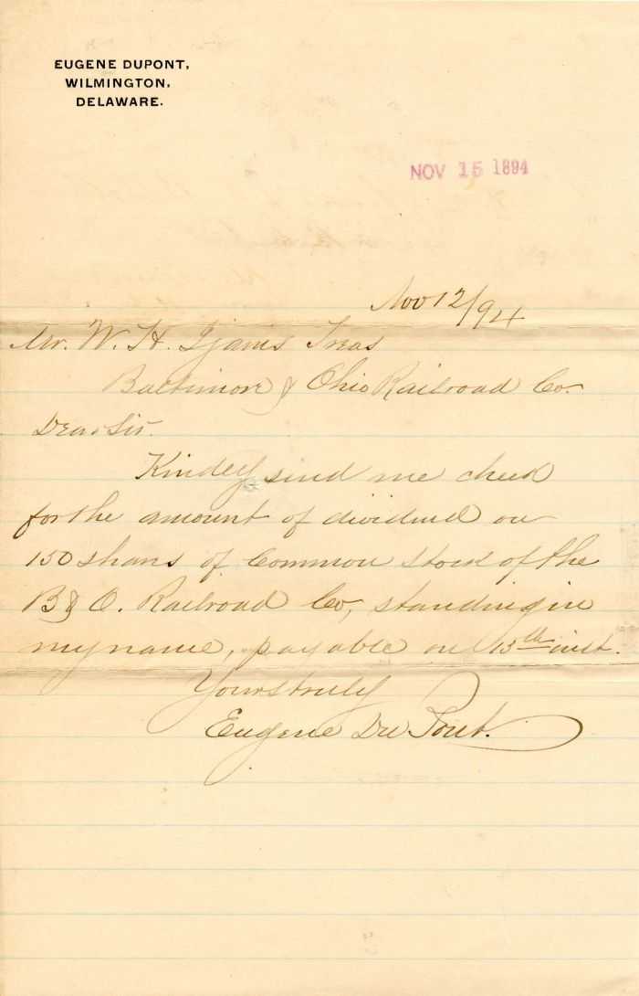 Autographed Letter signed by Eugene duPont dated 1894 - Autograph