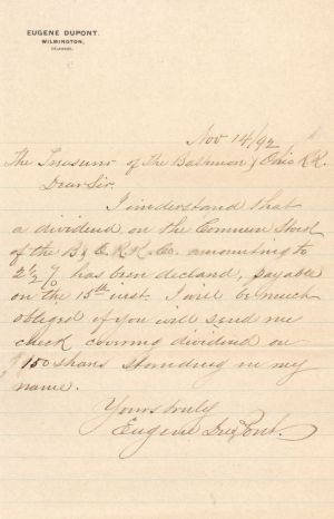 Autographed Letter signed by Eugene duPont dated 1892 - Autograph