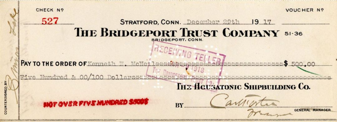 Bridgeport Trust Company Check signed by Simon Lake - 1917-18 dated Autograph
