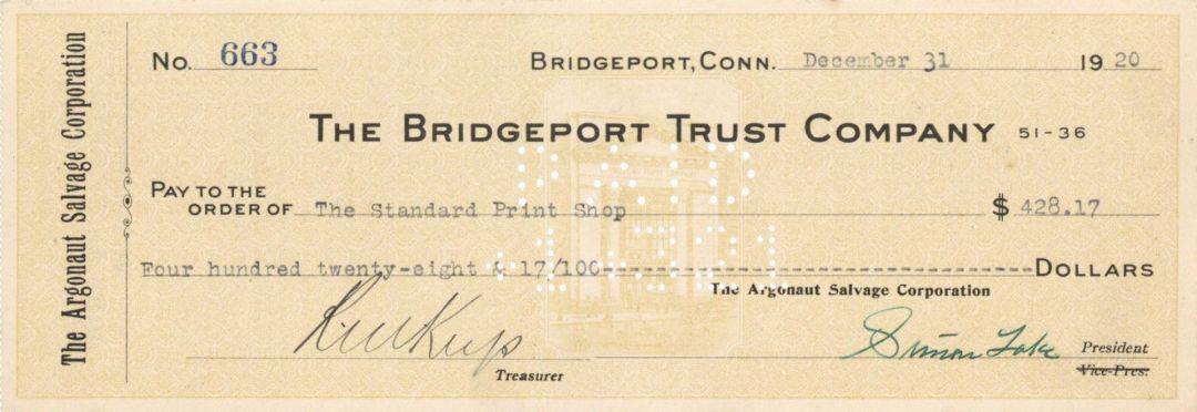 Bridgeport Trust Company Check signed by Simon Lake - 1920-21 dated Autograph