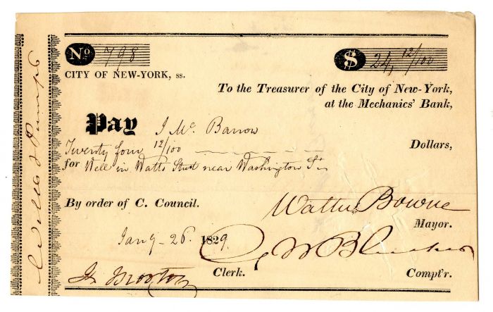 Walter Bowne signed City of New-York Mechanics Bank Check -  Autographed Check