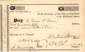 Walter Bowne signed City of New-York Mechanics Bank Check -  1829 dated Autographed Check