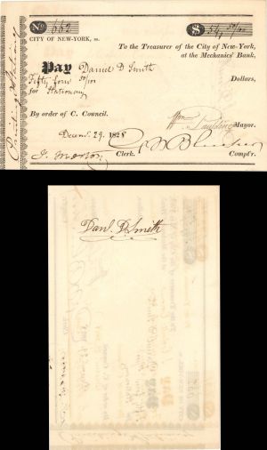 City of New-York at the Mechanics' Bank signed by Mayor William Paulding, Jr. -  1828 dated Autographed Check