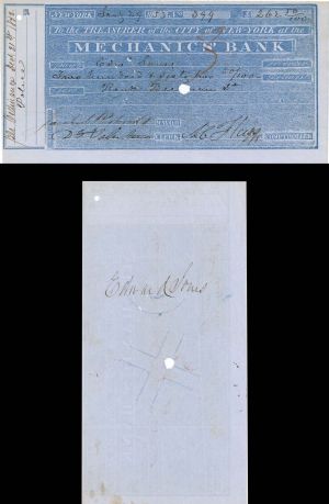 City of New-York at the Mechanics' Bank signed by Jacob A. Westervelt -  1853 dated Autographed Check