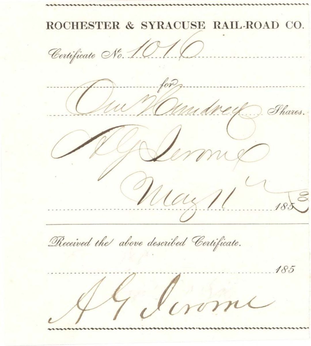 Rochester and Syracuse Rail-Road Stub issued to and signed by A.G. Jerome - 1853 dated Autographed Stock Stub