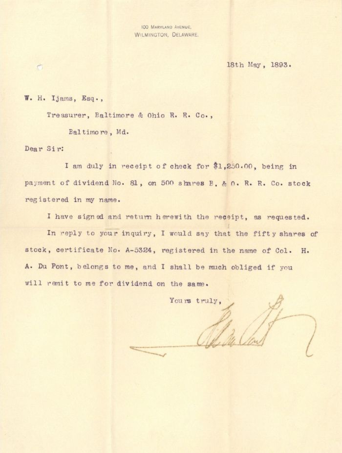 Letter signed by Henry A. du Pont - 1893 dated Autograph