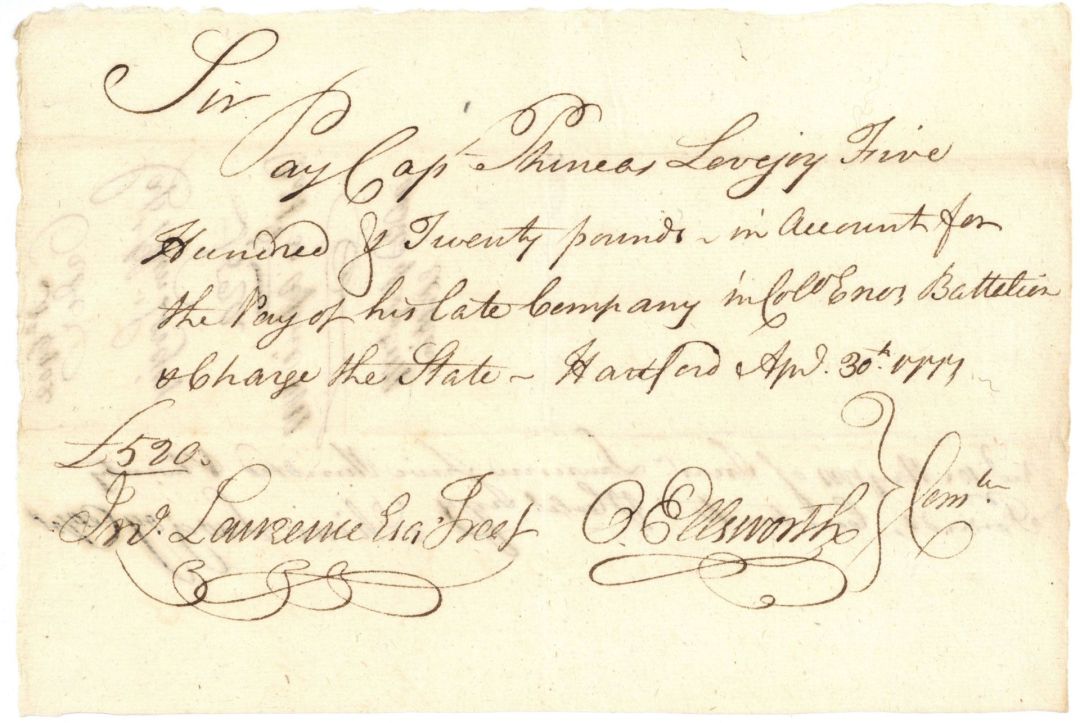 1777 dated Oliver Ellsworth signed Revolutionary War Pay Order - Connecticut Autograph Document