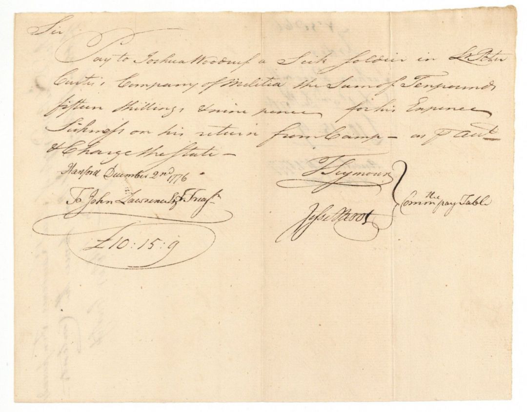 Jesse Root Signed Pay Order - Connecticut Revolutionary War Autographs