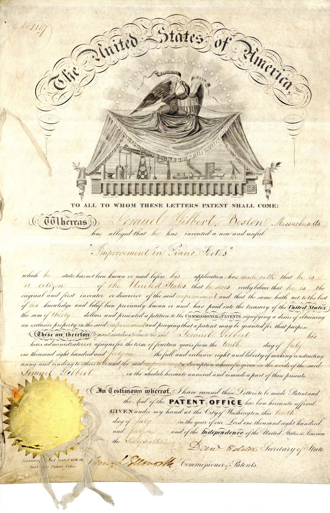 United States of America Patent signed by Daniel Webster - 1841 dated Autograph