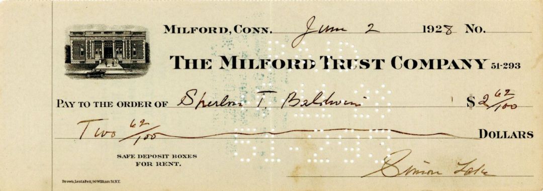 Milford Trust Company Check signed by Simon Lake - 1928-1931 dated Autograph