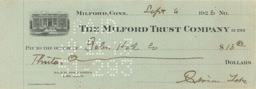 Milford Trust Company Check signed by Simon Lake - 1920's dated Autograph