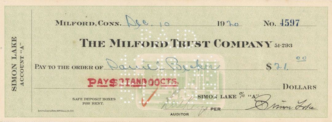 Milford Trust Company Check signed by Simon Lake - Autograph