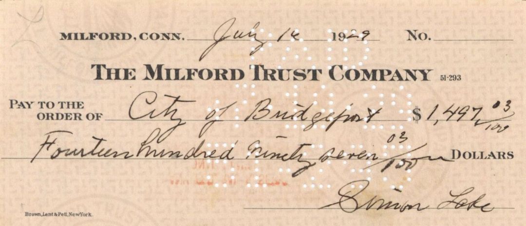 Milford Trust Company Check signed by Simon Lake - 1929-1933 dated Autograph