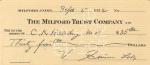 Milford Trust Company Check signed by Simon Lake - 1930's dated Autograph