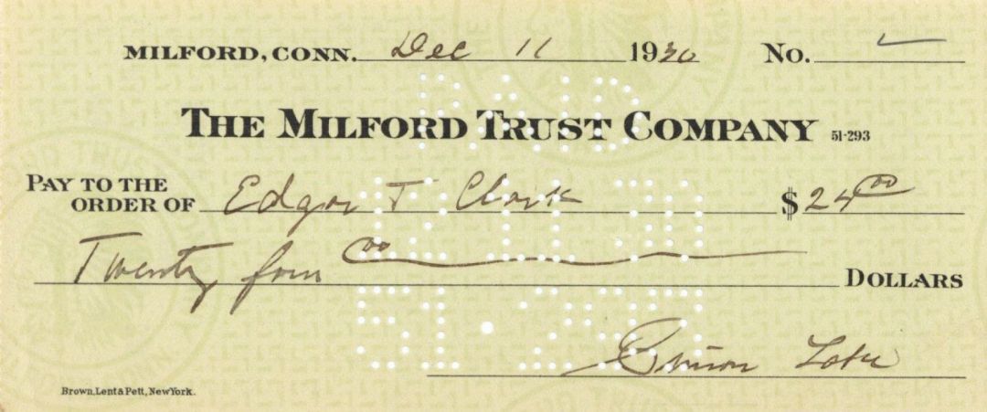 Milford Trust Company Check signed by Simon Lake - 1930-1933 dated Autograph