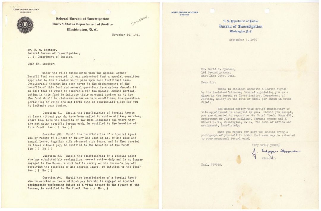 J. Edgar Hoover signed Letter - Autograph dated September 6, 1930