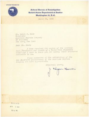 J. Edgar Hoover signed Letter - Autograph dated March 29, 1950