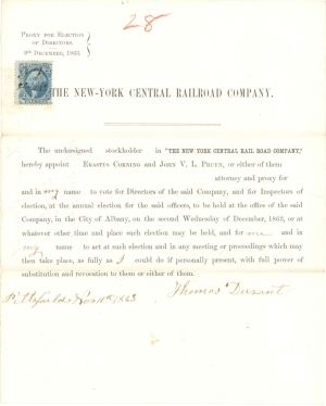 1863 dated New-York Central Railroad Co. Document signed by Thomas Durant - Autograph - SOLD