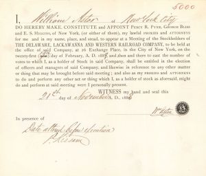 Delaware, Lackawanna and Western Railroad Co. Issued to and signed by Wm. B. Astor, Jr. - 1888 or 1891 dated Autographed Stocks and Bonds