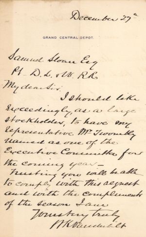 Letter signed by W.K. Vanderbilt dated 1880's - Autographs