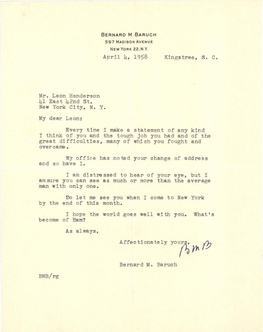 Bernard Baruch Initialed Letter - 1958 dated Autographs