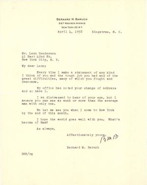 Bernard Baruch Initialed Letter - 1958 dated Autographs