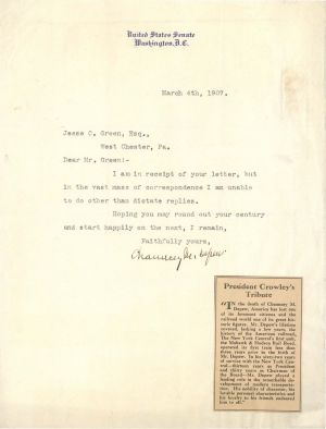 Typed Letter signed by Chauncey M. Depew - 1907 dated Autograph