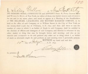 Delaware, Lackawanna and Western Railroad Co. Appointment signed by Sidney Dillon - 1892 dated Autograph