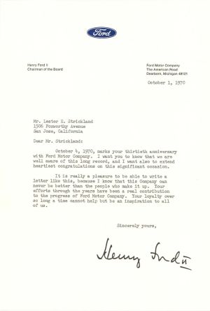 Typed Letter signed by Henry Ford II - 1970 dated Autographs