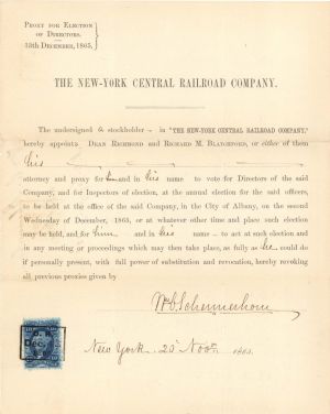 New-York Central Railroad Co. Appointment signed by Wm. Schermerhorn - 1865 dated Autograph