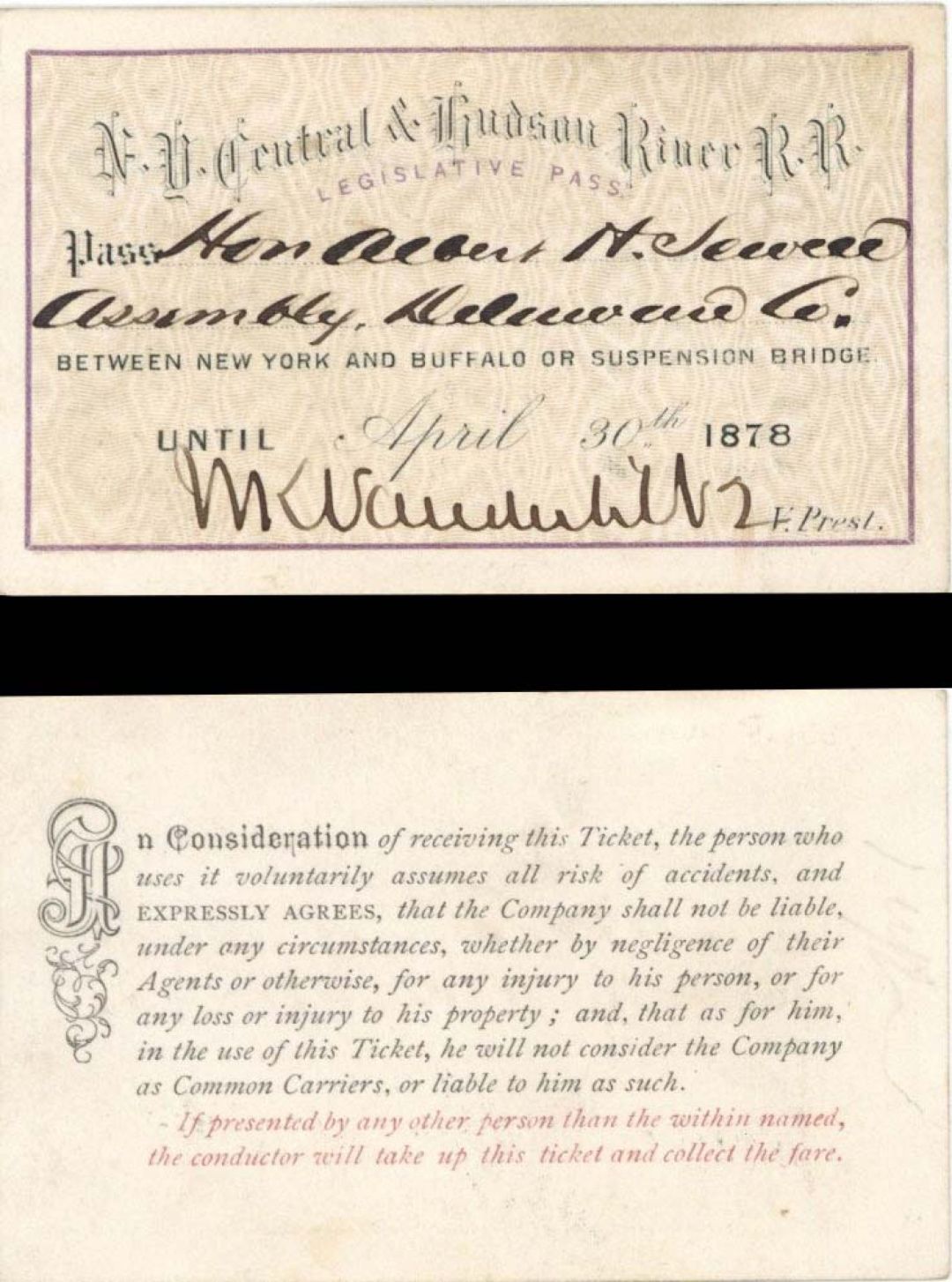 Railroad Pass to Albert H. Sewell signed by William K. Vanderbilt - 1878 dated Autograph