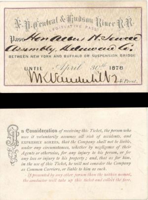 Railroad Pass to Albert H. Sewell signed by William K. Vanderbilt - 1878 dated Autograph